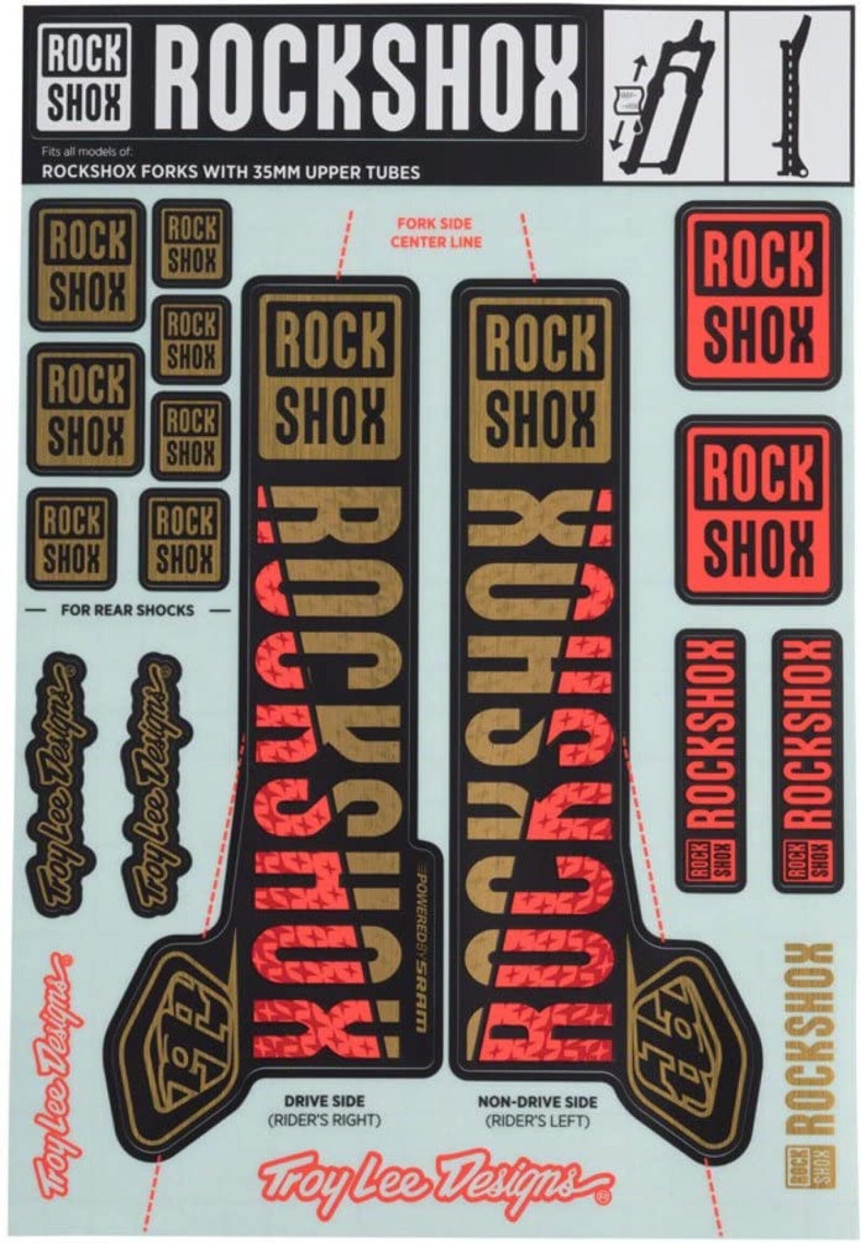 RockShox Troy Lee Designs 35mm Gold/Orange MY18 Sticker Set – PIKE/Lyrik/Yari/Domain/Revelation | RideHub